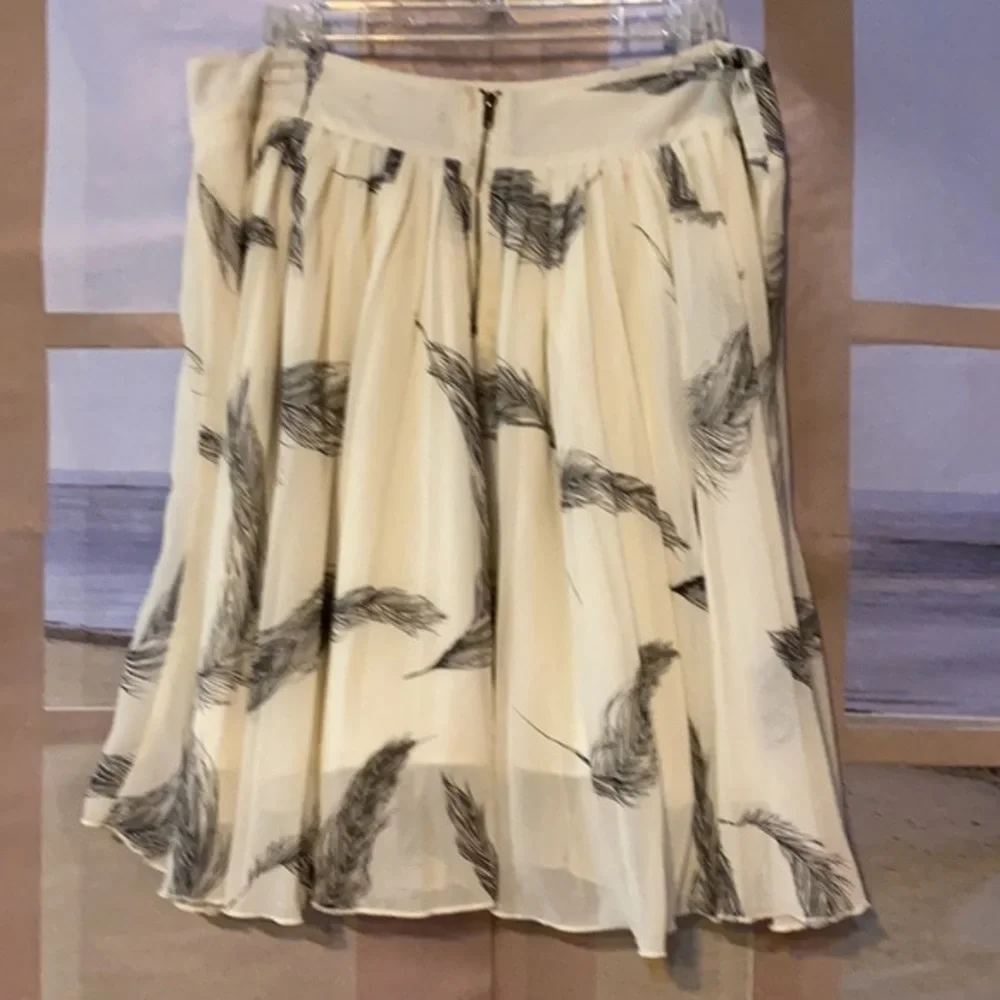 For Cynthia Ivory Feather Print Chiffon Pleated Mini Skirt